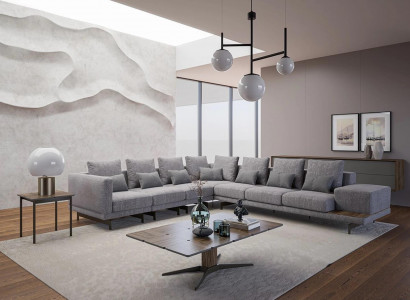 Luxus Set Wohnzimmer Textil Polstersofa L-Form Holz Couchtisch mit Beistelltisch